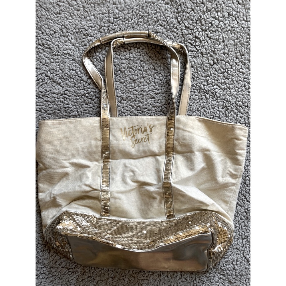 Victoria’s Secret Cream Canvas & Gold Sequin Tote Bag.